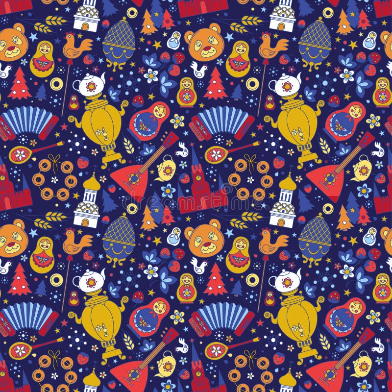 Russia colored icons seamless background abstract pattern. Vector collection Russian culture signs and symbols, Moscow Kremlin, Cathedral, russian doll, balalaika, samovar, bear. Russia colored icons seamless background abstract pattern. Vector collection Russian culture signs and symbols, Moscow Kremlin, Cathedral, russian doll, balalaika, samovar, bear